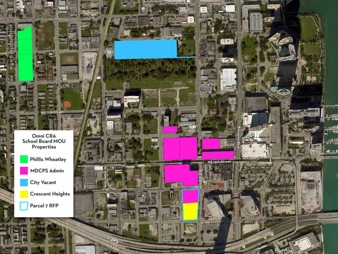 An aerial view of Miami’s Omni neighborhood showing publicly owned properties that were part of the comprehensive plan between Miami-Dade County Public Schools and the city’s Omni Community Redevelopment Agency (CRA). The blue rectangle represents Biscayne Park, where David and Leila Centner now plan to build a “sports dome.”