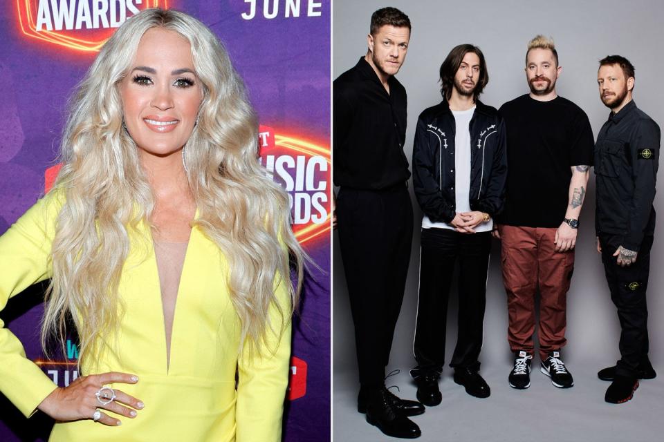 NASHVILLE, TENNESSEE - JUNE 09: Carrie Underwood attends the 2021 CMT Music Awards at Bridgestone Arena on June 09, 2021 in Nashville, Tennessee. (Photo by Jason Kempin/Getty Images for CMT); BUDAPEST, HUNGARY - NOVEMBER 14: (EDITORS NOTE: Image has been digitally manipulated) Dan Reynolds, Daniel Platzman, Daniel Wayne Sermon and Ben McKee of Imagine Dragons pose during a portrait session at the MTV EMAs 2021 'Music for ALL' at the Papp Laszlo Budapest Sports Arena on November 14, 2021 in Budapest, Hungary. (Photo by Gareth Cattermole - MTV/Getty Images for MTV)