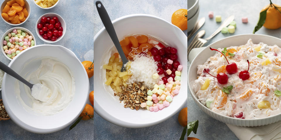 This combination of photos from December 2020 shows the stages of preparation for Ambrosia salad for the food blog My Baking Addiction in Suwanee, Ga. The fluffy fruit concoction has a history dating back more than 100 years. (Elena Vaselova for My Baking Addiction via AP).