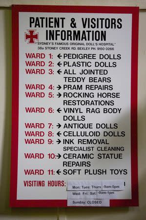 A sign at Sydney's Doll Hospital shows the various 'wards' where dolls, rocking horses and prams can be admitted for repair, May 20, 2014. REUTERS/Jason Reed