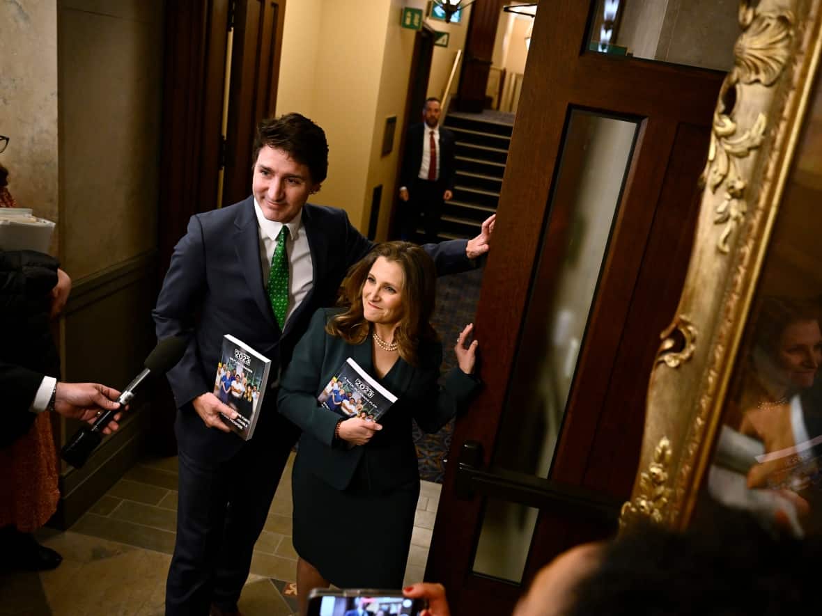 Prime Minister Justin Trudeau and Deputy Prime Minister and Minister of Finance Chrystia Freeland enter the House of Commons to deliver the budget on Parliament Hill in Ottawa, Tuesday, March 28, 2023. (Justin Tang/The Canadian Press - image credit)