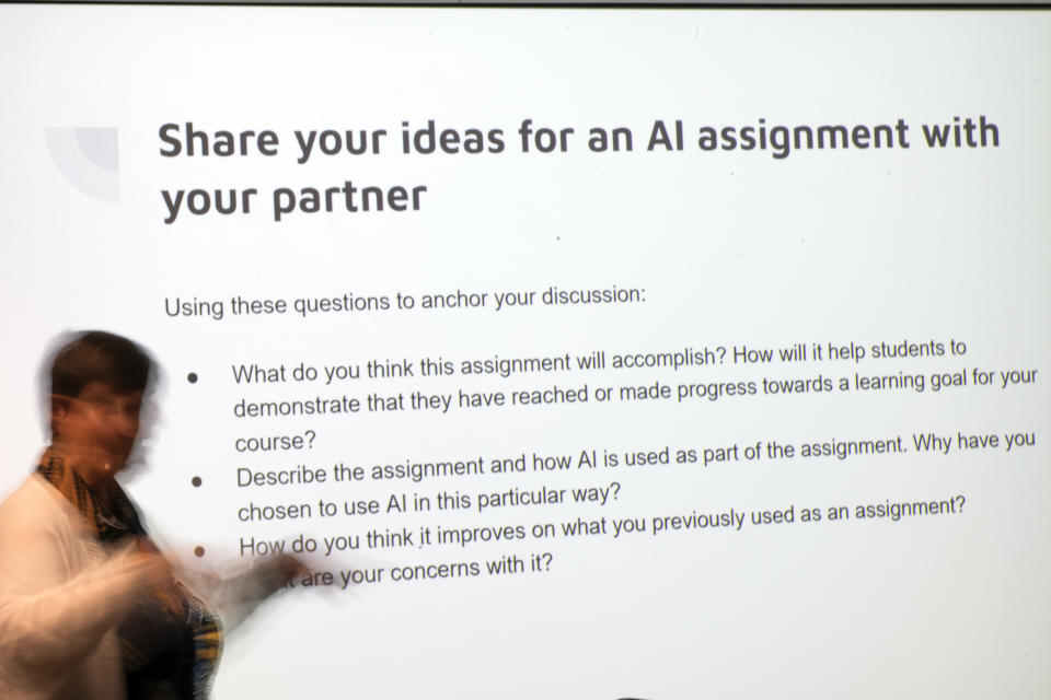 Dr. Stephanie Laggini Fiore, Associate Vice Provost and Sr. Director of the Center for the Advancement of Teaching, hosts a faculty teaching circle on artificial intelligence on Wednesday, Aug. 9, 2023, at Temple University in Philadelphia. Educators say they want to embrace the technology’s potential to teach and learn in new ways, but when it comes to assessing students, they see a need to “ChatGPT-proof” test questions and assignments. (AP Photo/Joe Lamberti)