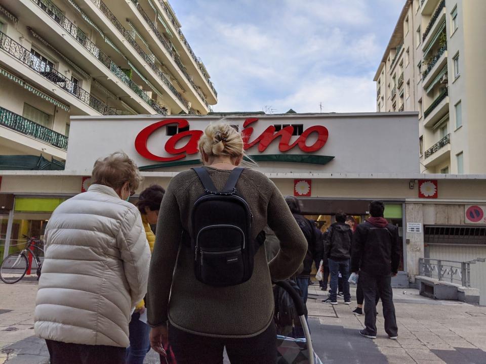 A line at the grocery store shortly after the lockdown in Nice, France. Lines look longer because of social distancing rules, which keeps people spread out.