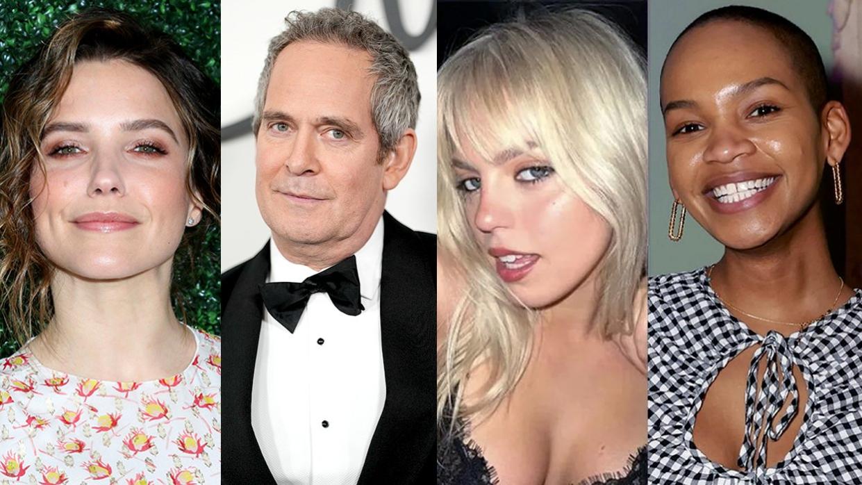 queer celebrities coming out 2024: (L-R) Sophia Bush, Tom Hollander, Reneé Rapp, Bethany Antonia