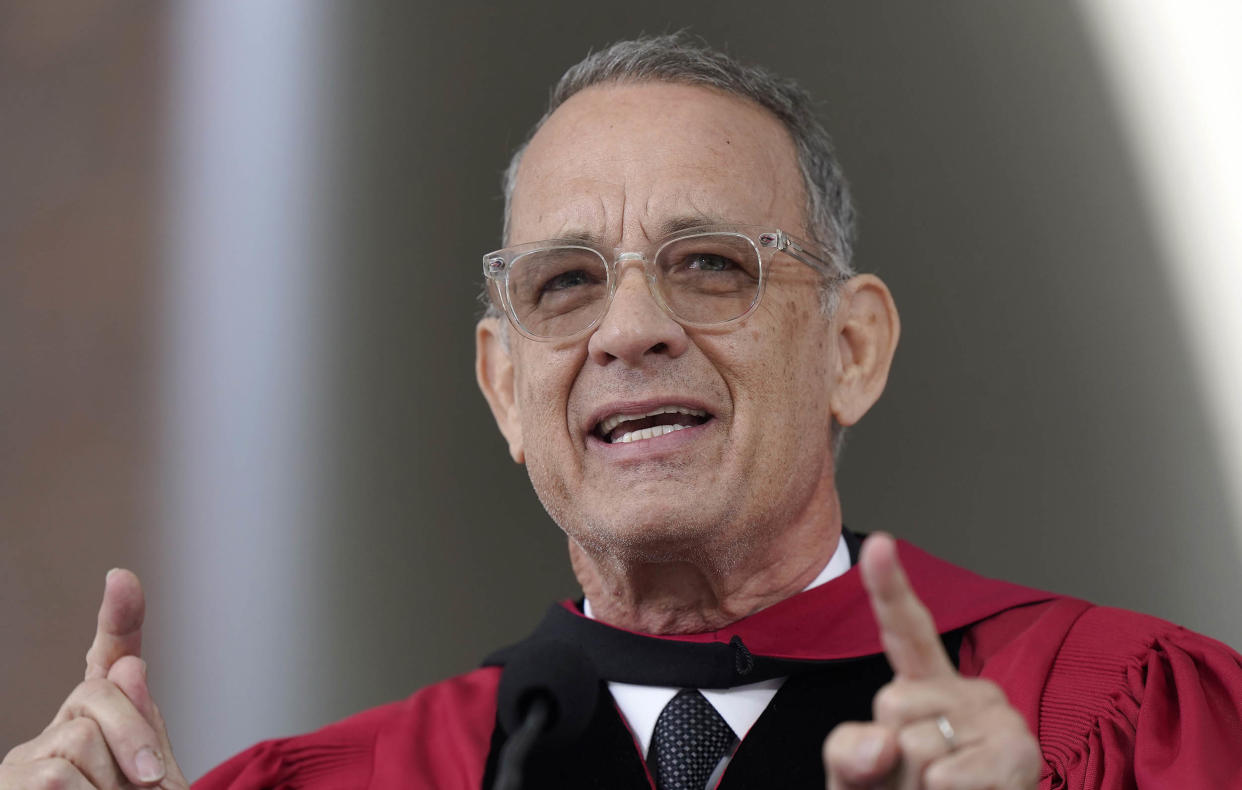 Tom Hanks delivers a commencement address during Harvard University commencement exercises  (Steven Senne / AP)