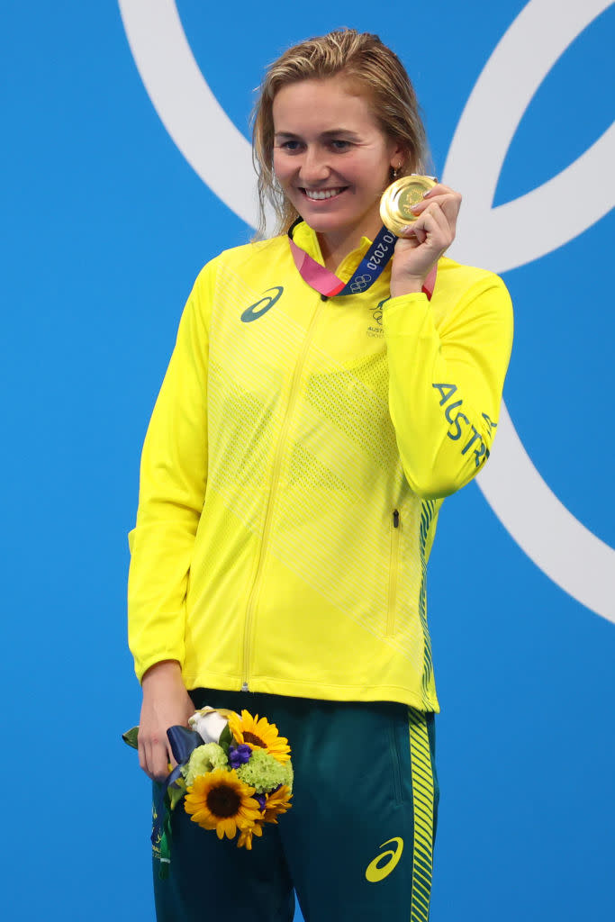 Ariarne Titmus of Team Australia waves during the medal ceremony after winning gold in the Women's 400-m freestyle final on day three of the Tokyo 2020 Olympic Games at Tokyo Aquatics Centre on July 26, 2021 in Tokyo, Japan.<span class="copyright">Abbie Parr—Getty Images</span>