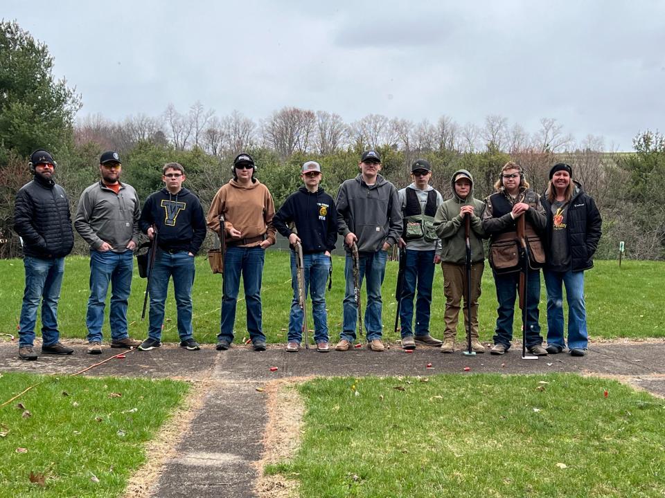 The newly formed 2024 Tri-Valley Clay Target Team includes, from left, head coach Wes Stotts, assistant coach Jared Dosch, Evan Dosch, Cayden Ray, Quinton Lazar, Eli McDonald, Chris Loop, Will Brooks, Garrett Church, and assistant coach Elicia Brooks. Not pictured are range safety officers Marion Lazar and Bill Brooks.