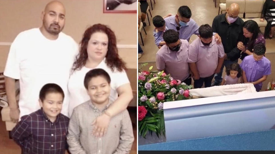 Naomi Esquivel and Carlos Garcia with their sons on the left. Family stand around a casket on the right.