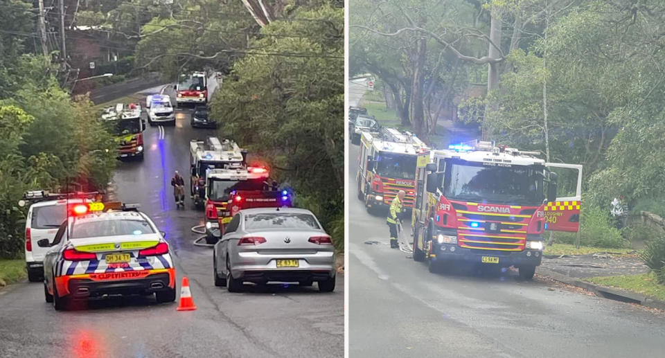 Emergency services parked along Bent Street, Lindfield after house fire.