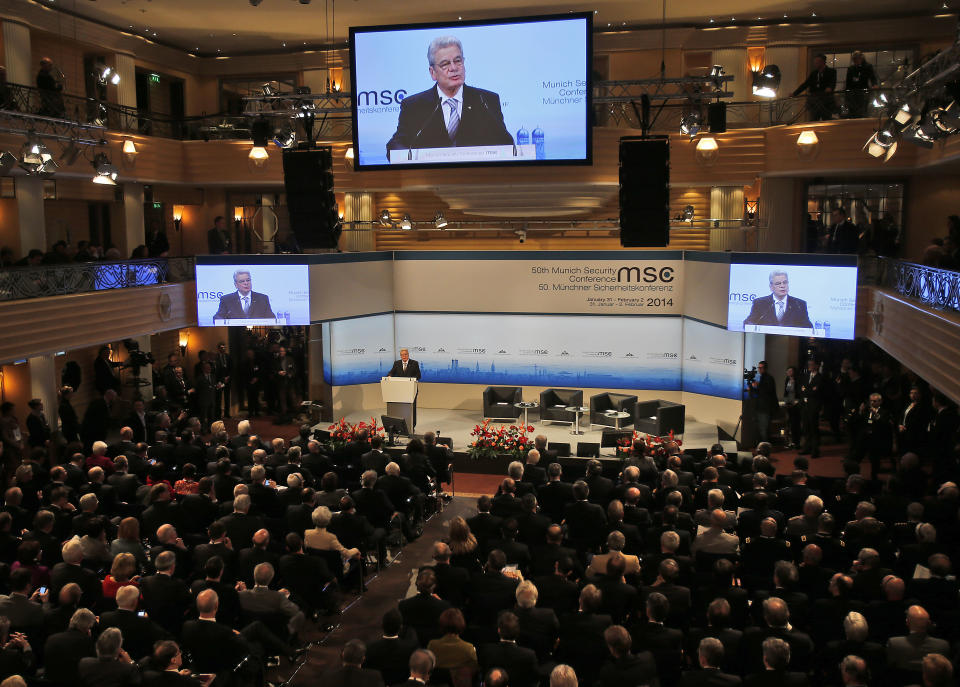 German President Joachim Gauck speaks during the opening of the 50th Security Conference in Munich, Germany, Friday, Jan. 31, 2014. The conference on security policy takes place from Jan. 31, 2014 until Feb. 2, 2014.(AP Photo/Frank Augstein)