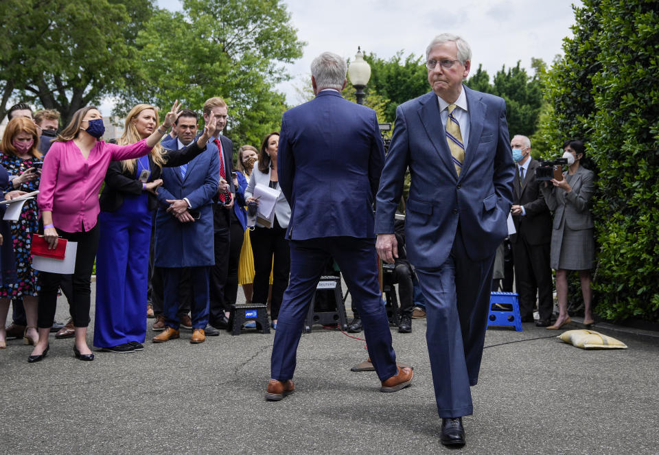 (L-R) House Minority Leader Kevin McCarthy (R-CA) speaks with reporters as Senate Minority Leader departs outside the White House after their Oval Office meeting with President Joe Biden on May 12, 2021 in Washington, DC. (Drew Angerer/Getty Images)