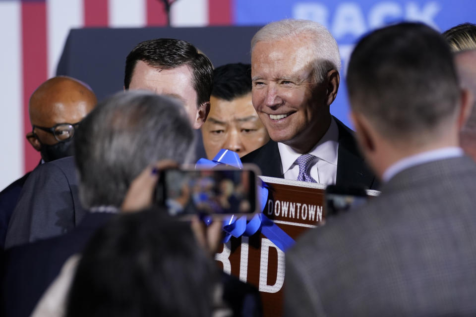 FILE - President Joe Biden greets people after speaking about his infrastructure plan and his domestic agenda during a visit to the Electric City Trolley Museum in Scranton, Pa., Oct. 20, 2021. Pennsylvania has been a core part of Biden's political identity for years. It's where he grew up, and he was jokingly called the state's “third senator” even though he represented neighboring Delaware. Now he's returning to Pennsylvania repeatedly to help Democratic candidates even though he's largely absent from the campaign trail in other key battlegrounds like Georgia, Nevada and Ohio. (AP Photo/Susan Walsh, File)