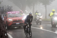 France's Julian Alaphilippe pedals during 16th stage of the Giro d'Italia cycling race, from Livigno to Santa Cristina Val Gardena (Monte Pana) Italy, Tuesday, May 21, 2024. (Fabio Ferrari/LaPresse via AP)