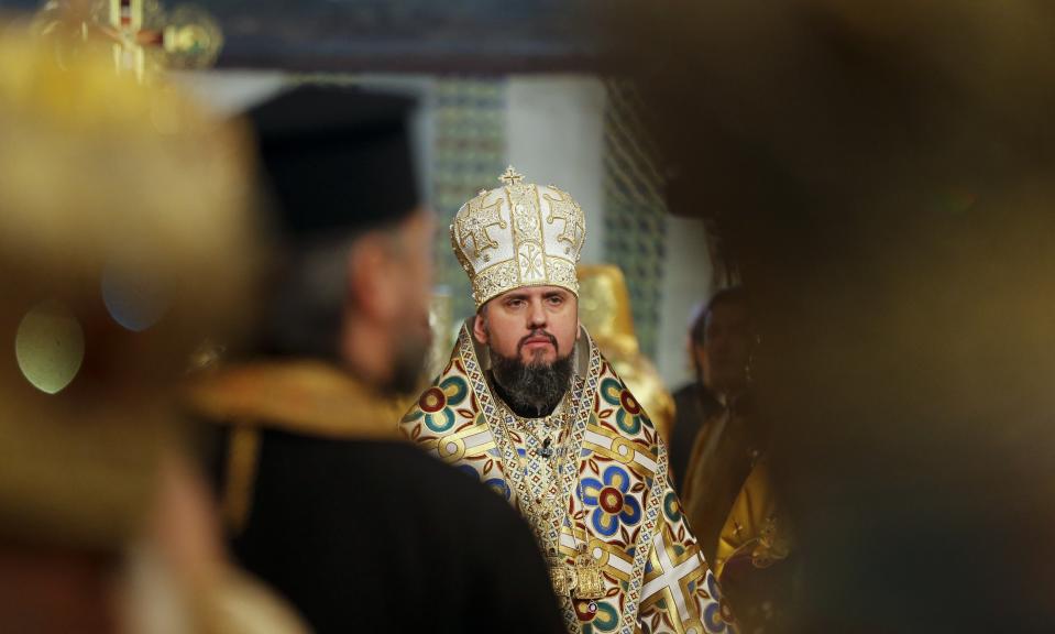 Metropolitan Epiphanius, newly elected head of the Orthodox Church of Ukraine, Metropolitan of Kyiv and All Ukraine, conducts a service during his enthronement in the St. Sophia Cathedral in Kiev, Ukraine, Sunday, Feb. 3, 2019. Epiphanius has been elected to head the new Ukrainian church independent from the Russian Orthodox Church. (AP Photo/Efrem Lukatsky)