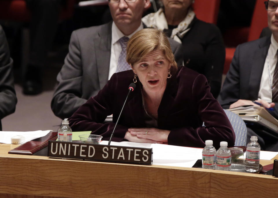 The United States Ambassador to the United Nations Samantha Power addresses the United Nations Security Council, Friday, May 2, 2014. The U.N. Security Council is meeting in emergency session on Ukraine after Russia called for a public meeting on the growing crisis there. (AP Photo/Richard Drew)