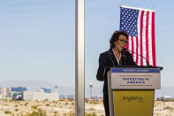 Sen. Jacky Rosen, D-Nev., speaks at the groundbreaking for a high-speed passenger rail on Monday, April 22, 2024, in Las Vegas. A $12 billion high-speed passenger rail line between Las Vegas and the Los Angeles area has started construction. (AP Photo/Ty ONeil)