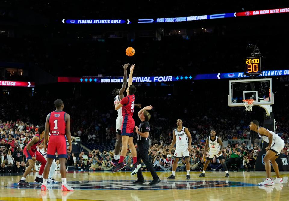 Apr 1, 2023; Houston, TX, USA; General view of the opening tip of the semifinals of the Final Four of the 2023 NCAA Tournament between the Florida Atlantic Owls and San Diego State Aztecs at NRG Stadium. Mandatory Credit: Robert Deutsch-USA TODAY Sports