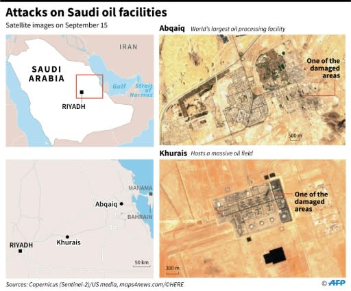 Satellite images taken on September 15 showing some of the damaged areas of Saudi Arabia's oil installations that were attacked by drones