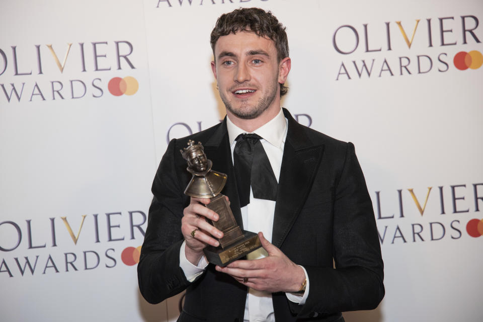 Paul Mescal, winner of the Best Actor award for "A Streetcar Named Desire", poses for photographers in the winner's room during the Olivier Awards in London, Sunday, April 2, 2023. (Photo by Vianney Le Caer/Invision/AP)