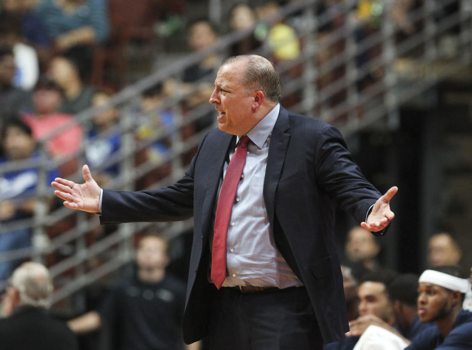 Wolves coach Tom Thibodeau was already in midseason form in the preseason opener. (AP)