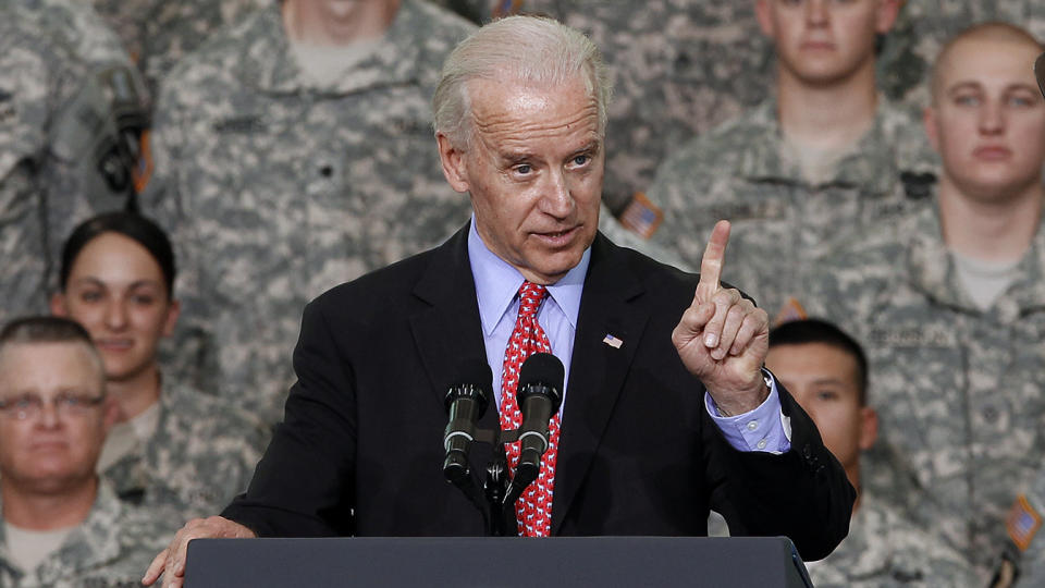 Vice President Joe Biden speaks to troops at Fort Campbell, Ky., Friday, May 6, 2011. President Barack Obama and Biden came to Fort Campbell to address soldiers who have recently returned from Afghanistan. (Mark Humphrey/AP)