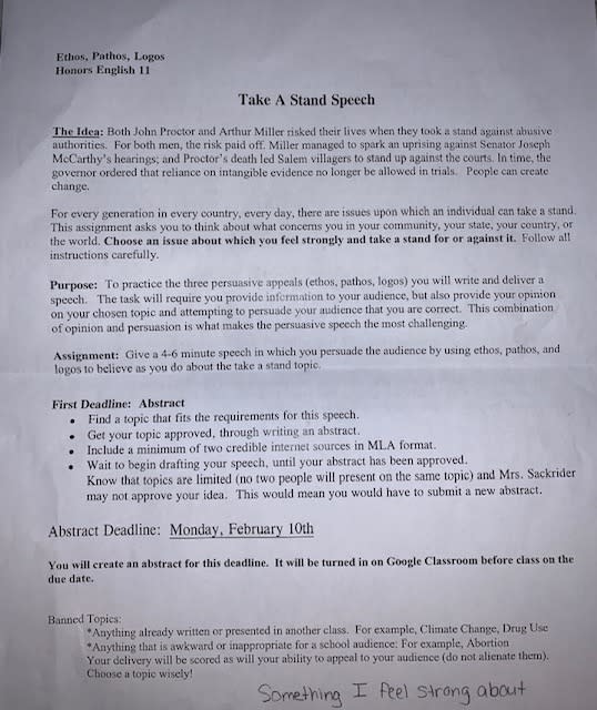 Destiney McDermitt shared a picture of the instructions for her paper, which is titled "Take A Stand." (Photo: Destiney McDermitt)