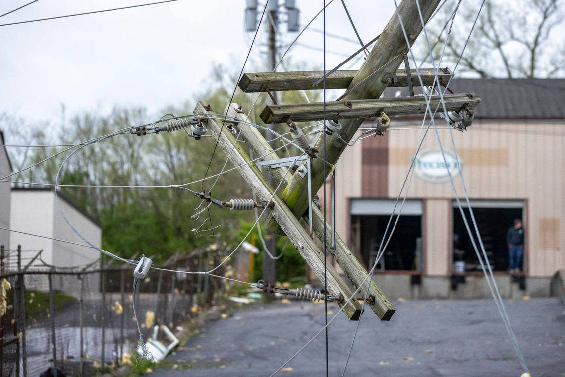 A utility pole is broken in Jessamine County on Wednesday, April 3, 2024.