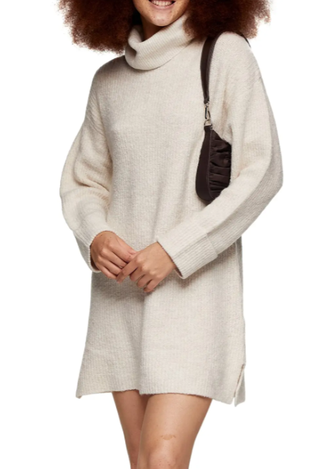 Topshop Funnel Neck Sweater Dress in Oatmeal