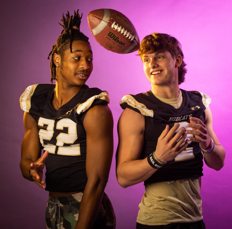 Jaren Hamilton, a senior at Buchholz High School, left, is the Gainesville Sun Big School Offensive Player of the Year while Creed Whittemore, a senior at Buchholz High School, right, is the Gainesville Sun Big School Overall Player of the Year. Hamilton will be attending University of Alabama and is enrolling early while Whittemore will be attending Mississippi State and enrolling early. Both Hamilton and Whittemore were photographed in the Gainesville Sun photo studio, January 4, 2023. [Doug Engle/Gainesville Sun]2023