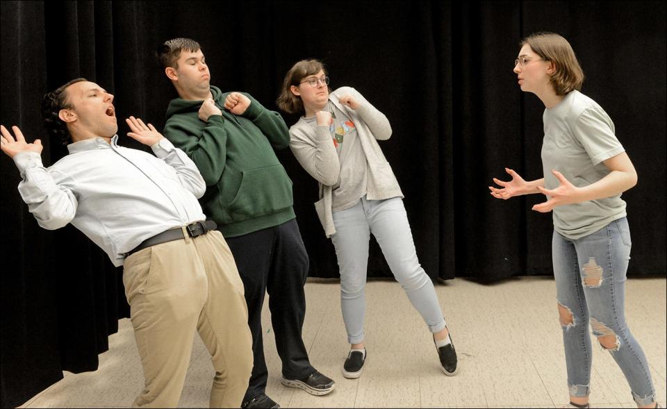 Ben Koeberle of Clyde; Chris Kalen of Farmington; Clara Elwell of Naples; and Julia Corsner of Geneva; rehearse the short play “[PG],” one of 14 plays in the production of “The Ragged Middle” running from April 6 to 8 at the Finger Lakes Community College main campus.