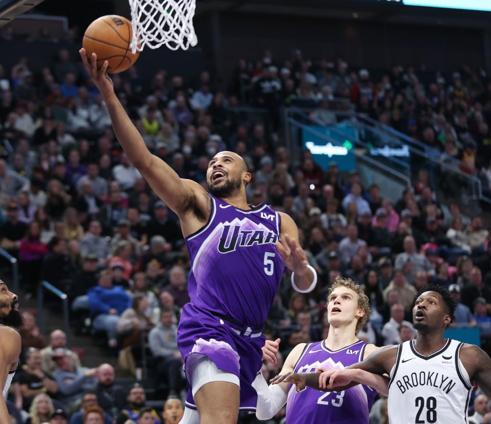 Utah Jazz guard Talen Horton-Tucker (5) makes an easy layup in Salt Lake City on Monday, Dec. 18, 2023. The Jazz won 125-108. | Jeffrey D. Allred, Deseret News