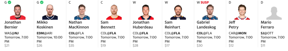 If you want to stack a single game, look no further than the colossal matchup between the Colorado Avalanche and Florida Panthers. (Yahoo Fantasy)