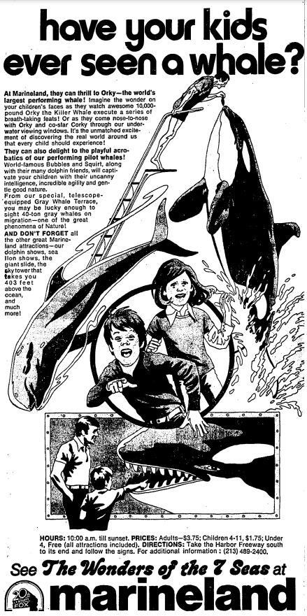 Newspaper ad for Marineland asks "Have your kids ever seen a whale?"