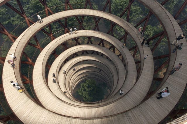 Denmark opens amazing 148ft high spiral observation top and treetop walkway