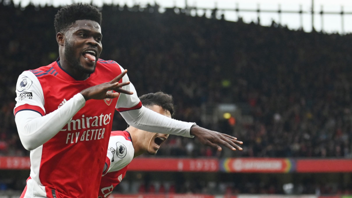 Ghanaian footballer Thomas Partey celebrates after scoring a goal for Arsenal at The Emirates in London, the UK - Sunday 13 March 2022