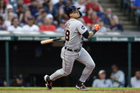 Detroit Tigers' Javier Baez watches his single off Cleveland Guardians starting pitcher Cal Quantrill during the fourth inning of a baseball game Wednesday, Aug. 17, 2022, in Cleveland. (AP Photo/Ron Schwane)