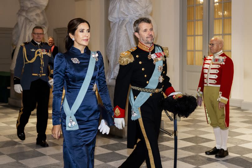 Danish Crown Prince Frederik and Danish Crown Princess Mary arrive to greet the diplomatic corps in occasion of the New Year at Christiansborg Palace in Copenhagen, Denmark
