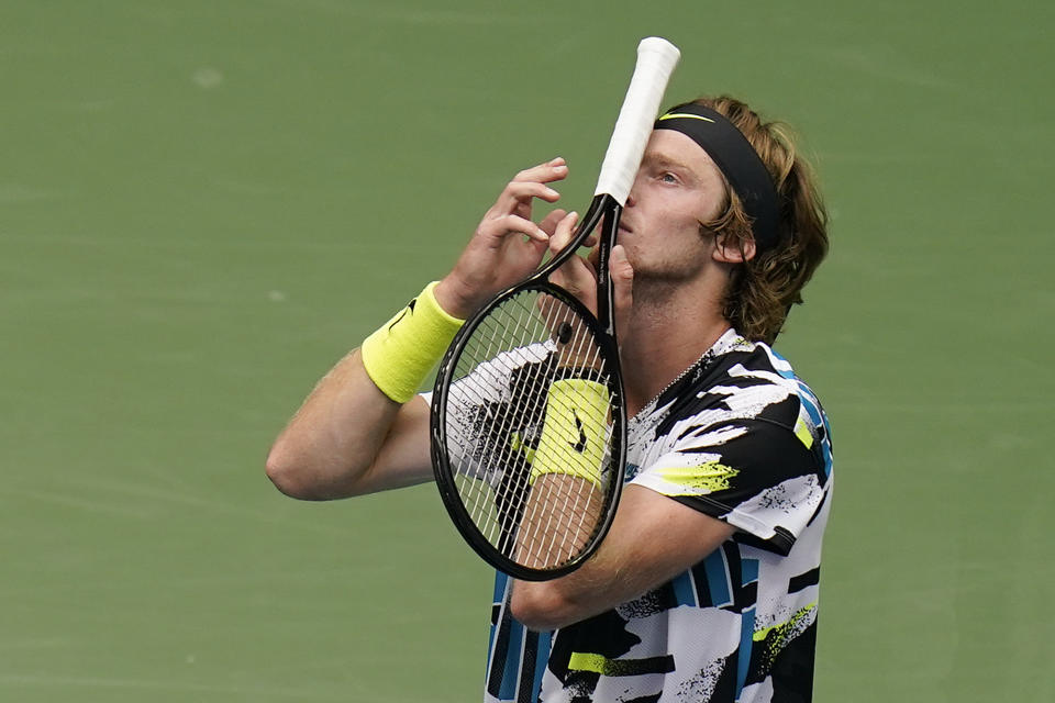 Andrey Rublev, of Russia, reacts during a match against Daniil Medvedev, of Russia, during the quarterfinals of the US Open tennis championships, Wednesday, Sept. 9, 2020, in New York. (AP Photo/Seth Wenig)