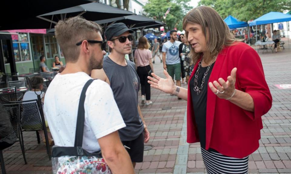 Christine Hallquist campaigning on Church Street in Burlington, Vermont, on 8 August. If she wins the Democratic primary, she will face the incumbent Republican governor Phil Scott.