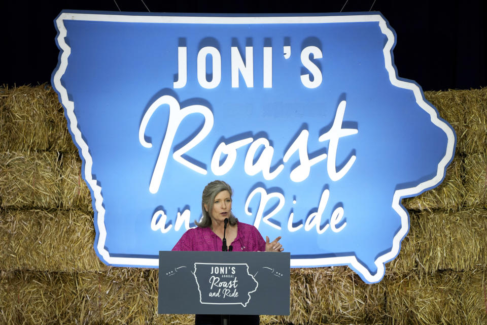 U.S. Sen. Joni Ernst, R-Iowa, speaks during her annual Roast and Ride, Saturday, June 3, 2023, in Des Moines, Iowa. (AP Photo/Charlie Neibergall)