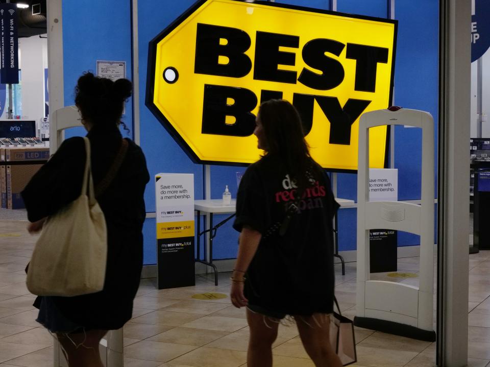 People walk into a Best Buy store in a Brooklyn mall on August 29, 2023 in New York City.