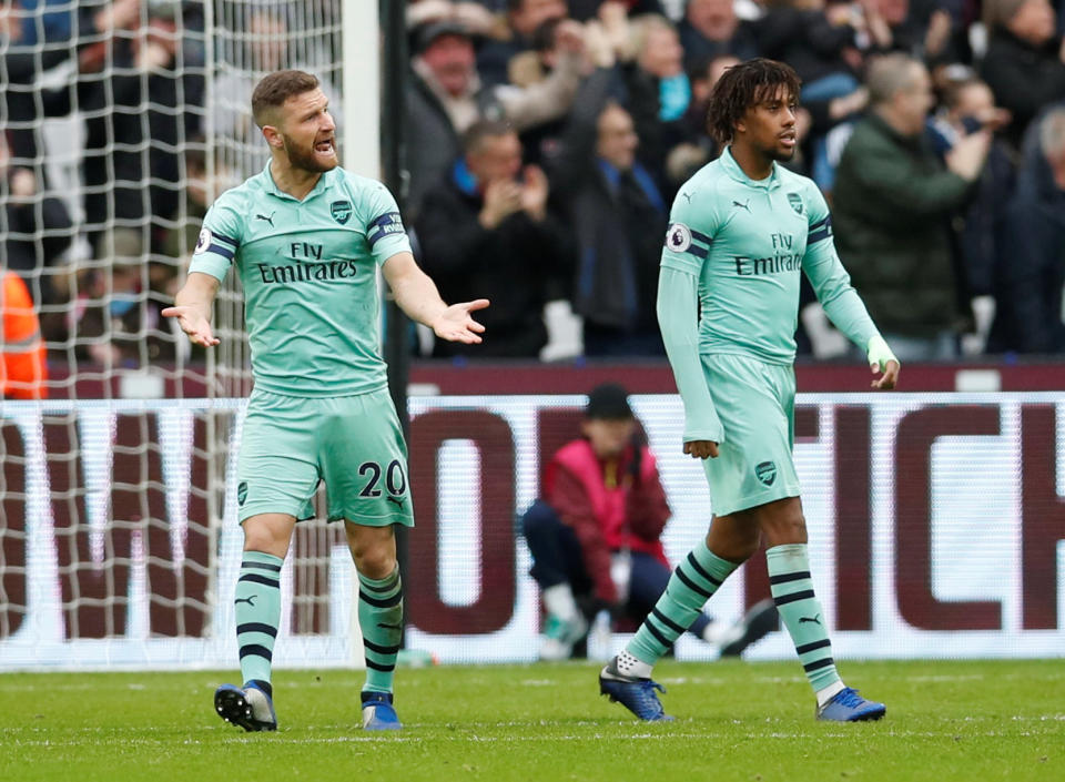 Arsenal’s Shkodran Mustafi reacts after West Ham’s Declan Rice scores their first goal