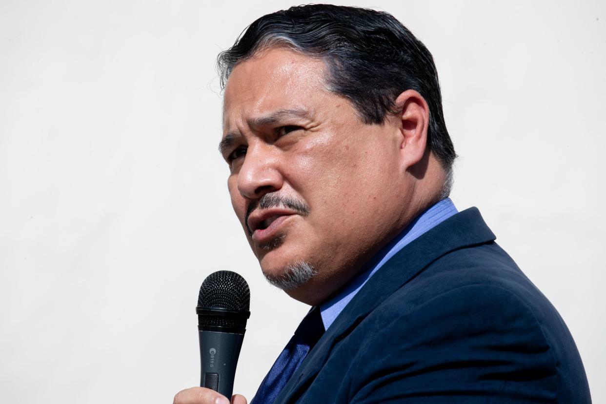Rep. Diego Rodriguez speaks during a Mass Liberation AZ press conference, on September 28, 2021, in front of the Maricopa County Attorney's Office in Phoenix.