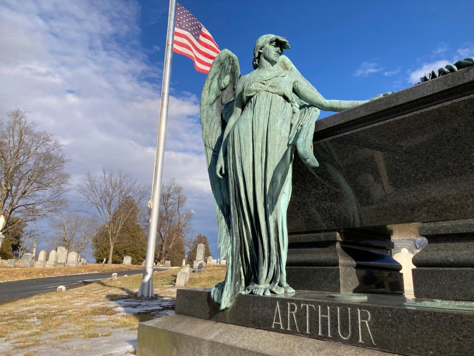 The gravesite of Chester Alan Arthur, the Vermont-born 21st president of the United States, shown Feb. 12, 2022 at Albany Rural Cemetery outside Albany, New York.