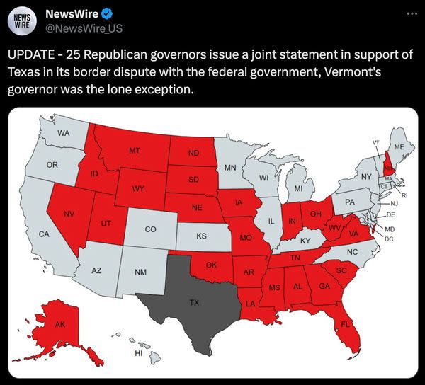 A rumor said that some of the 25 Republican governors who signed a joint statement of solidarity with Texas and Governor Greg Abbott had sent new deployments in January 2024 of state National Guard service members to Texas to aid with security along the Southern border.