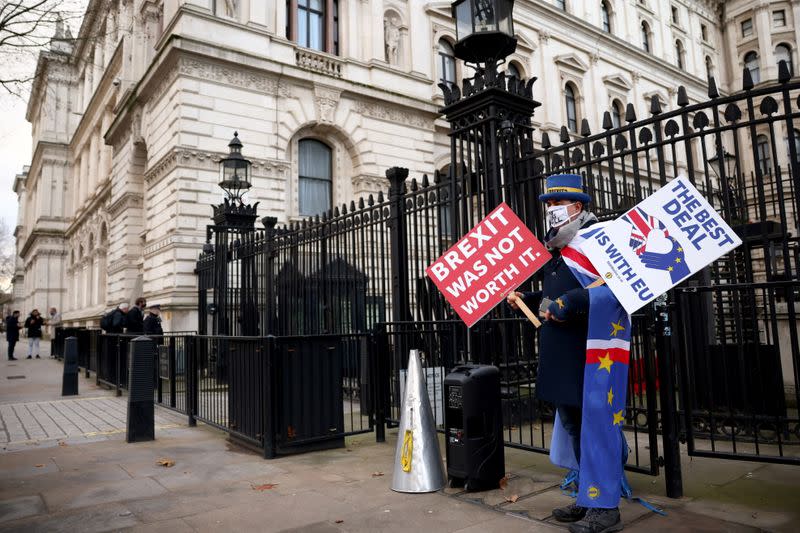 Anti-Brexit protester Steve Bray holds signs outside entrance to Downing Street in London