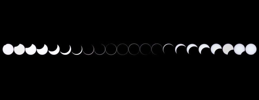 Image made with pictures taken on Feb. 26, 2017 showing an annular solar eclipse, as seen from the Estancia El Muster, 1,600 kilometers south of Buenos Aires, Argentina. (ALEJANDRO PAGNI/AFP via Getty Images)
