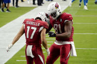 Arizona Cardinals wide receiver Andy Isabella (17) celebrates his touchdown against the Detroit Lions with tight end Darrell Daniels (81) during the second half of an NFL football game, Sunday, Sept. 27, 2020, in Glendale, Ariz. (AP Photo/Rick Scuteri)