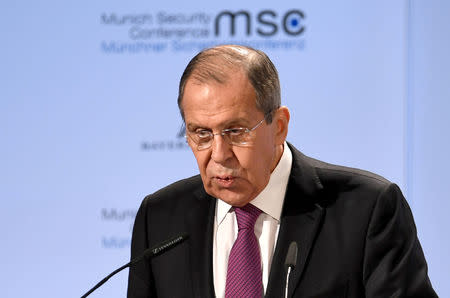 FILE PHOTO: Russian Foreign Minister Sergei Lavrov speaks during Munich Security Conference in Munich, Germany February 16, 2019. REUTERS/Andreas Gebert/File Photo