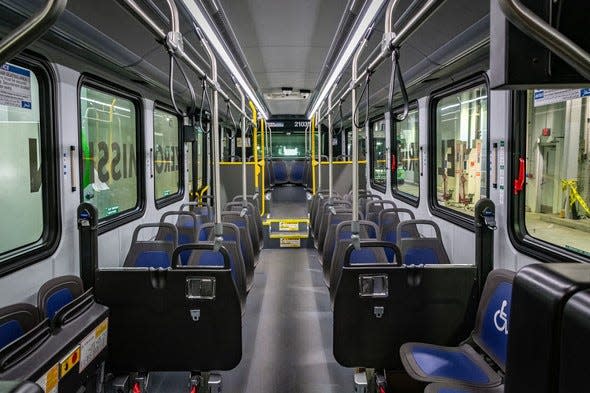 Inside a new electric DDOT bus. The transit system deployed four new electric buses Monday.